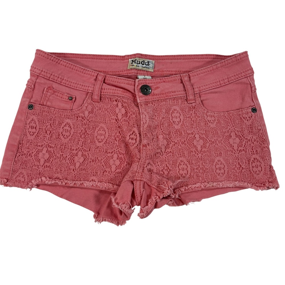 Y2K Mudd Pink Lace Overlay Denim Booty Shorts Size 7 Frayed Hem Boho Whimsical